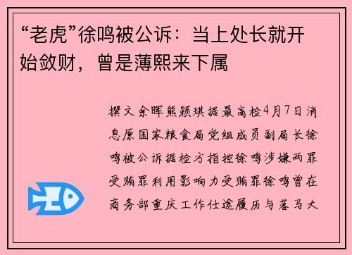 “老虎”徐鸣被公诉：当上处长就开始敛财，曾是薄熙来下属