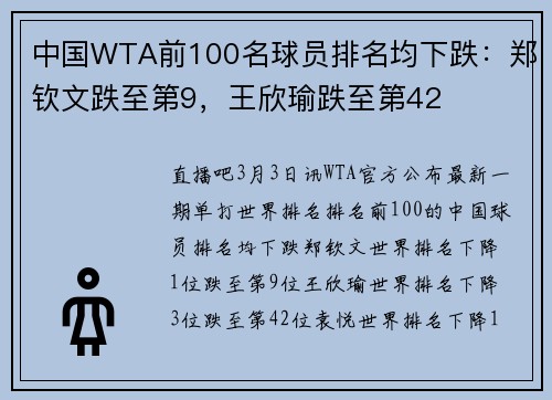 中国WTA前100名球员排名均下跌：郑钦文跌至第9，王欣瑜跌至第42