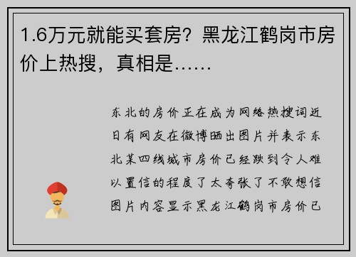 1.6万元就能买套房？黑龙江鹤岗市房价上热搜，真相是……