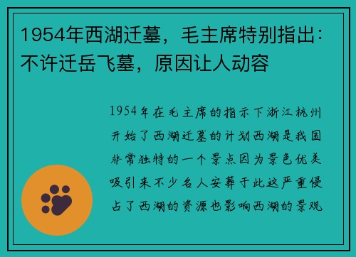1954年西湖迁墓，毛主席特别指出：不许迁岳飞墓，原因让人动容