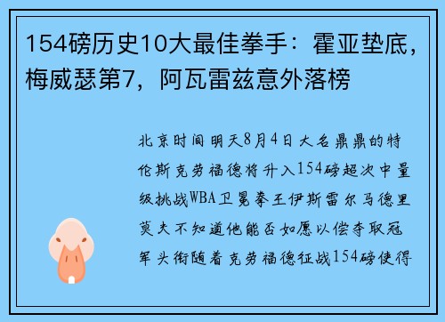 154磅历史10大最佳拳手：霍亚垫底，梅威瑟第7，阿瓦雷兹意外落榜