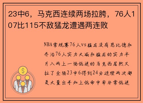 23中6，马克西连续两场拉胯，76人107比115不敌猛龙遭遇两连败